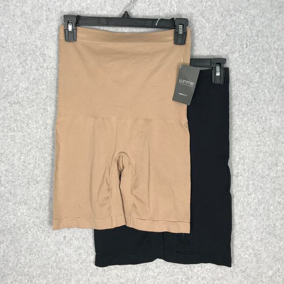 Yummie Shapewear Womens M/L Black Tan Shorts 2 Pack High Waist Shaping Smoothing - Picture 1 of 12